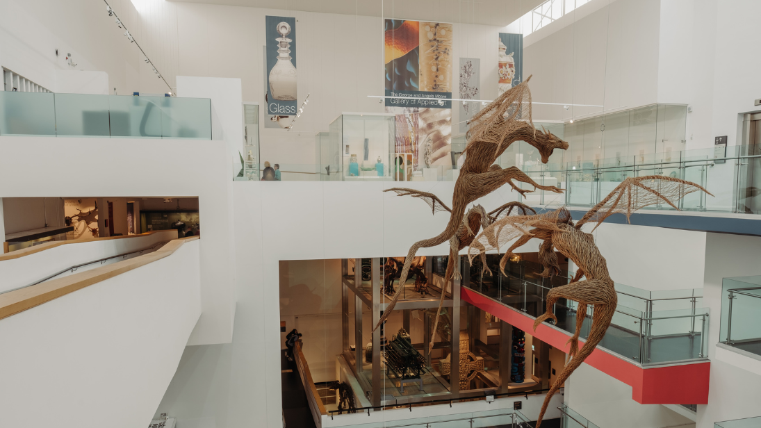 A view of the dragons and the atrium from the top floor of Ulster Museum