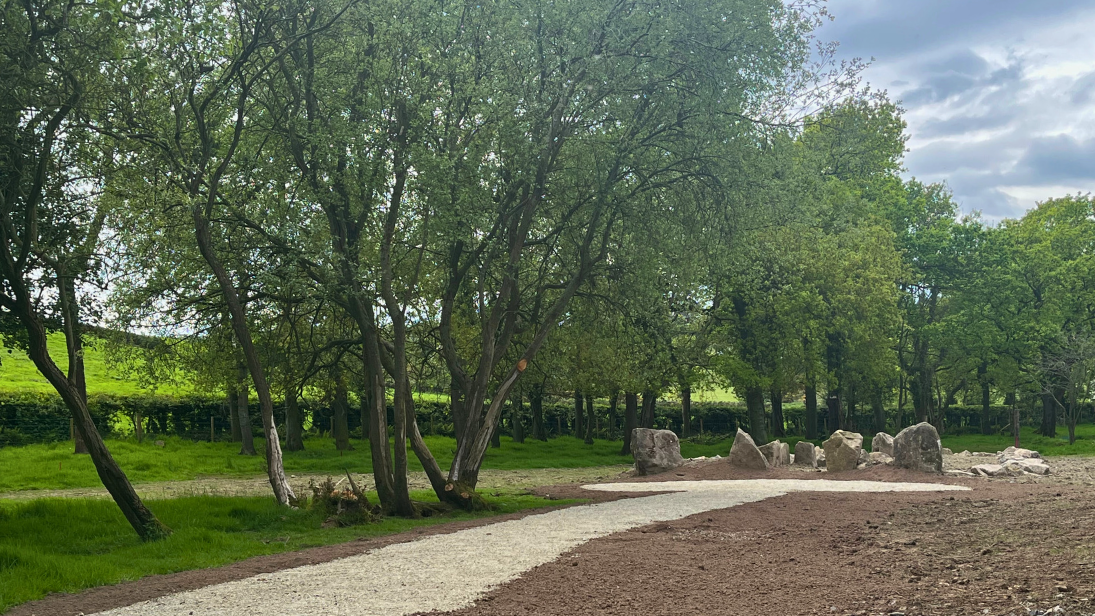 There is a path leading down to standing stones that make up a court tomb. The court tomb is in a field with a few trees to the left and a field in the background.