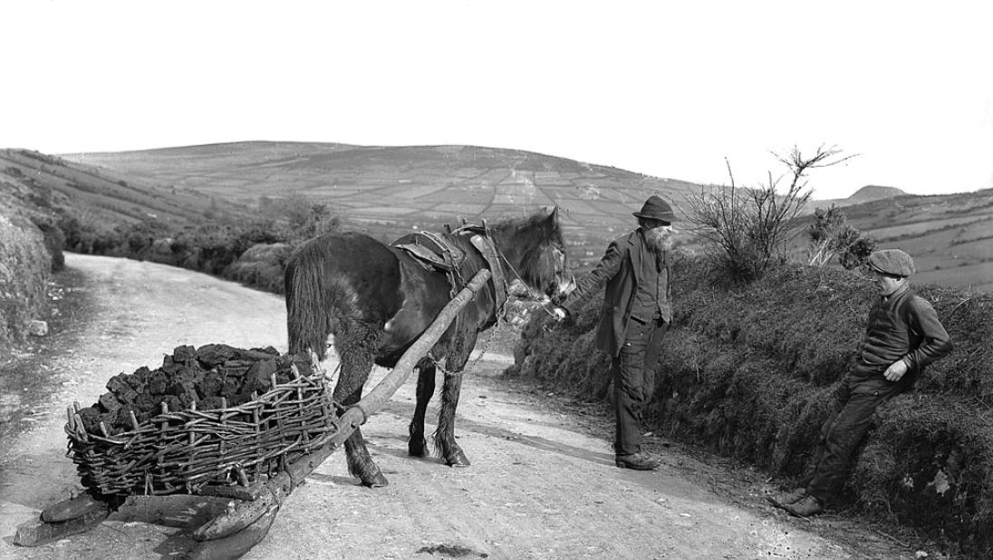 A mountain pony and slide car laden with turf, Glenaan