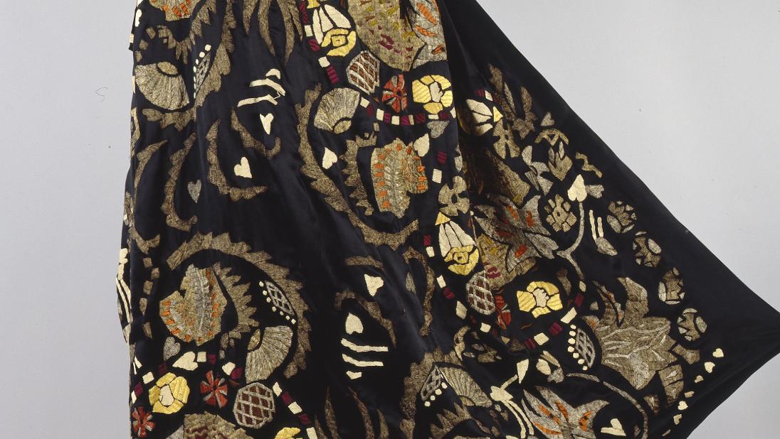 Black Embroidered Opera cloak with fur collar, Madame Cuttoli