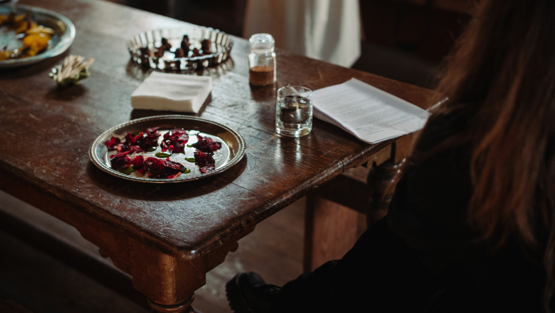 Food and drink laid out on a table