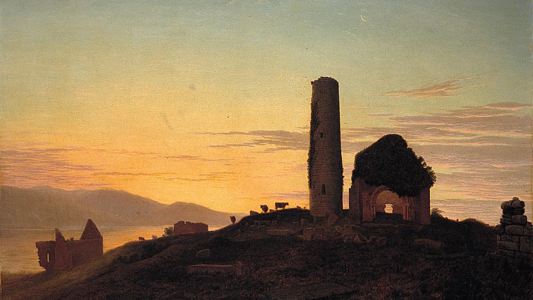 Bartholomew Colles Watkins, Ecclesiastical Ruins on Inniscaltra, or Holy Island, Lough Derg, Co. Galway, after Sunset (c. 1863), (BELUM.U172)