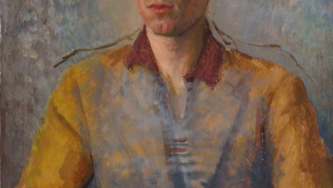 Painting by Margaret Clarke, portrait of the artist's son, David, sitting with hands resting on lap wearing a blue and orange coloured shirt.