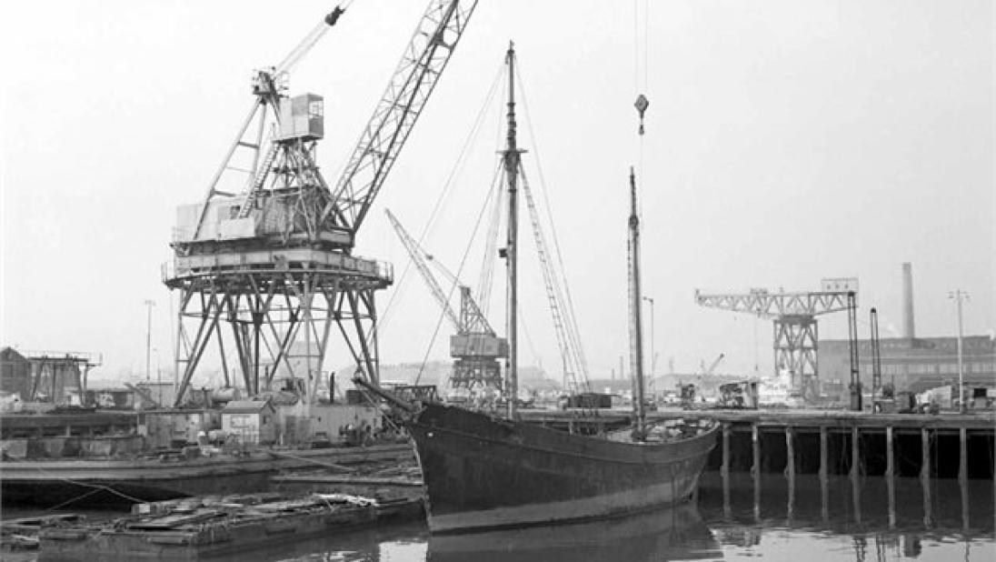 Result having her masts, spars and rigging removed, prior to ship being lifted into the Building Dock.