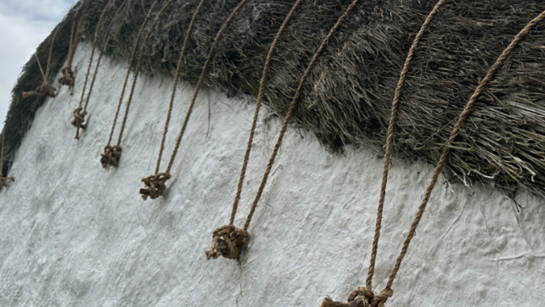 The gable end of a cottage showing ropes tied to metal pegs. The rope holds down thatch on the roof. 