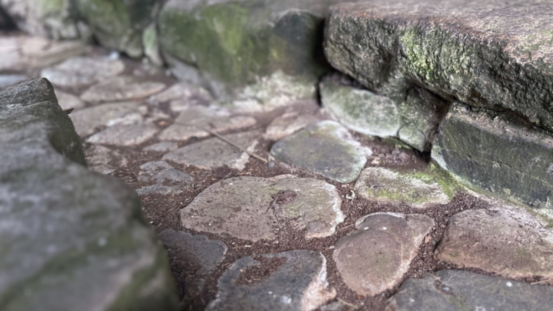 A close up of a small stone ditch that runs through Magheragallan Byre Dwelling.