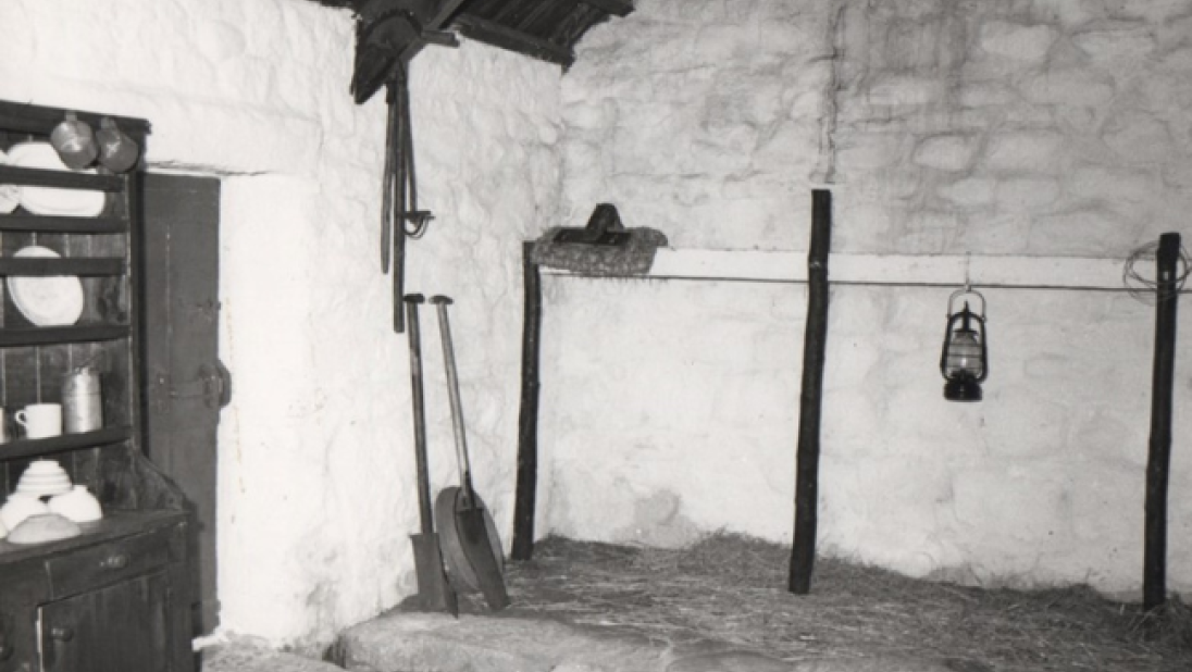 The inside of a byre dwelling showing the byre, including wooden posts where the cattle was tied. 