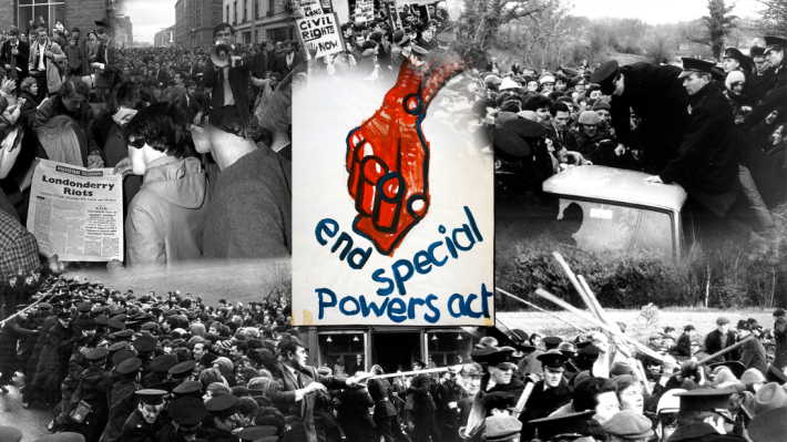 Voices of 68, black and white photograph of protests, end special powers act poster embedded on top
