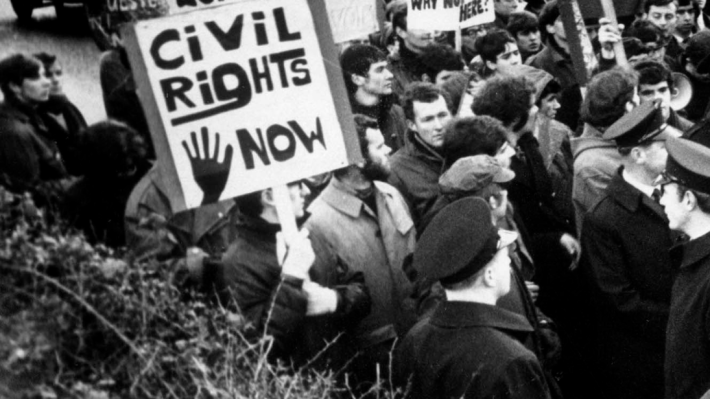 Voices of 68, black and white photograph of civil rights protest in Northern Ireland 