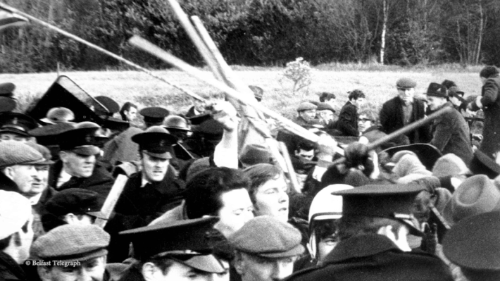 Voices of 68, black and white image of a protest in Northern Ireland in the 60's