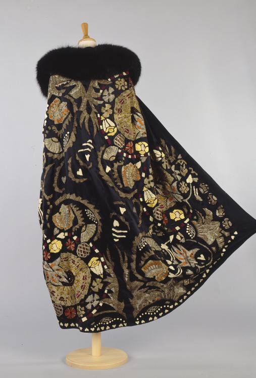 Black Embroidered Opera cloak with fur collar, Madame Cuttoli
