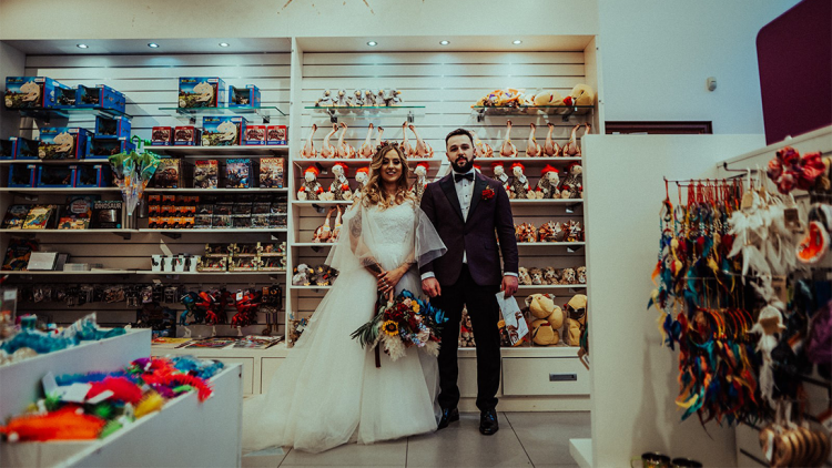 Bride and groom in the Museum Shop