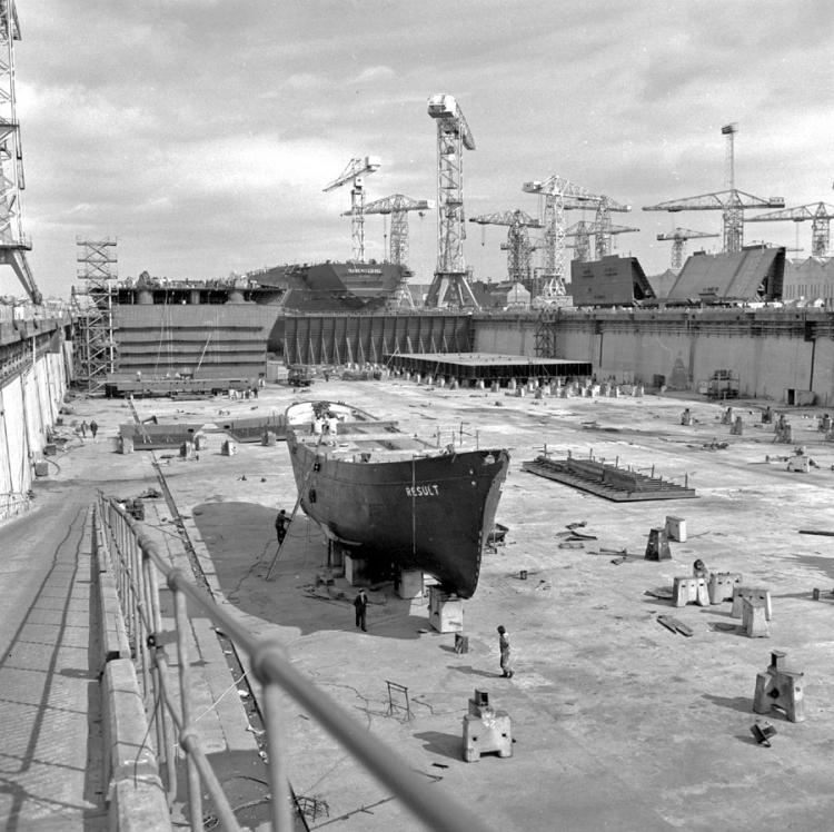 Result sitting in the Harland and Wolff Building Dock