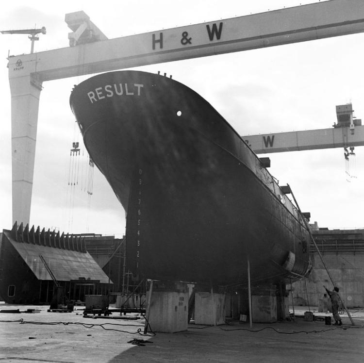 Result sitting in the Harland and Wolff Building Dock.