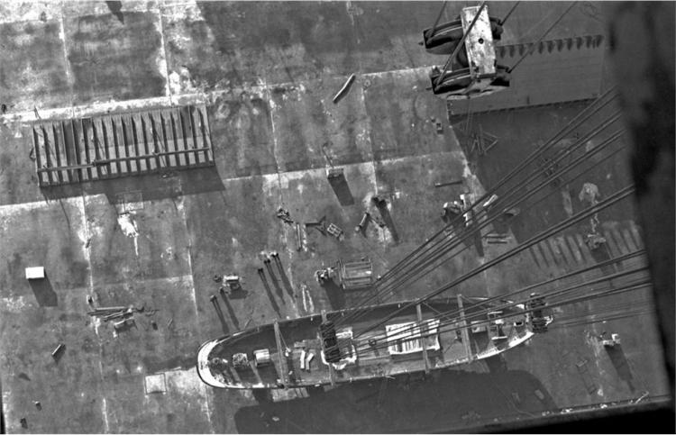 Photograph taken from the top of the Samson crane looking down on Result being lifted.