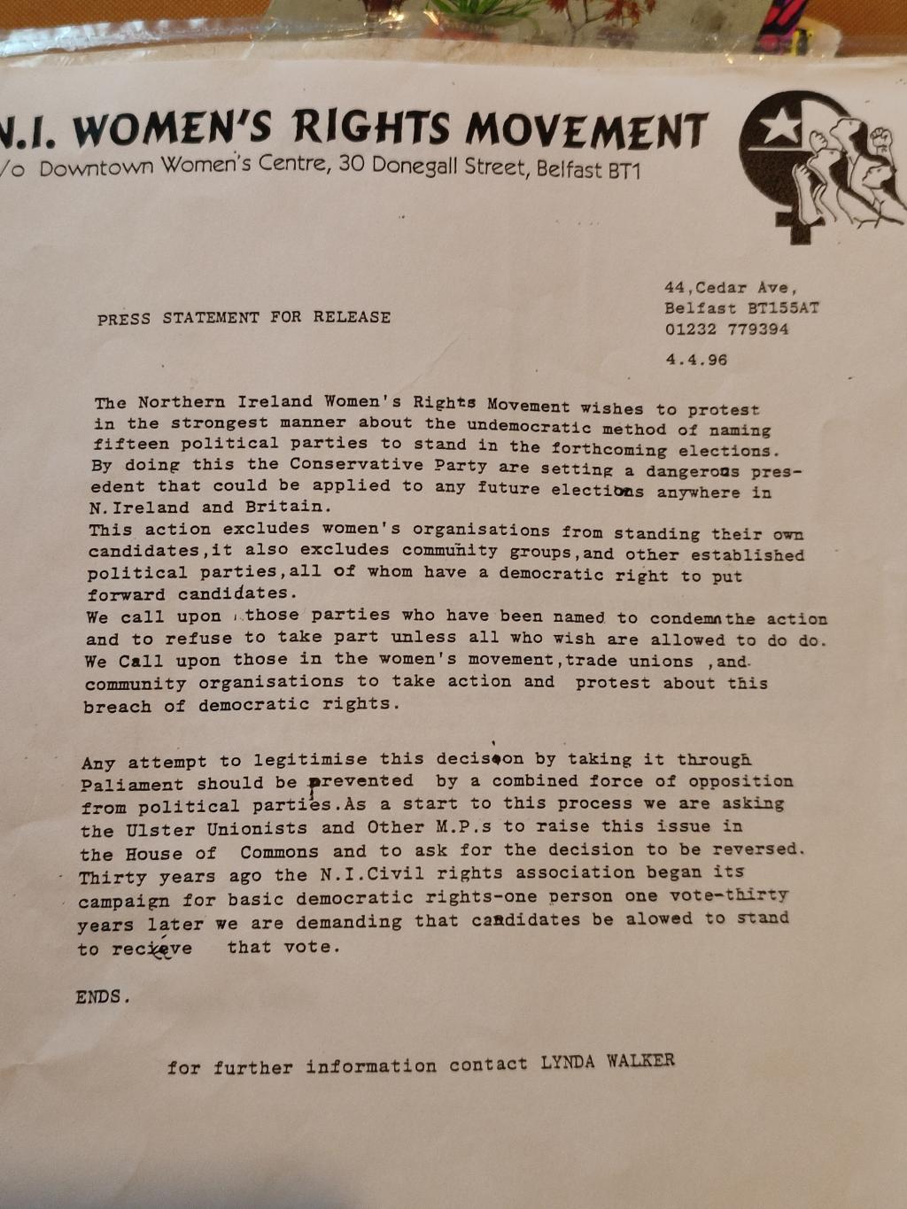 Womens Rights Movement: Press release from 1996