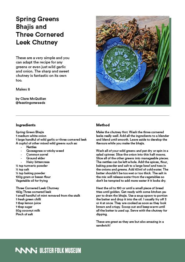 A recipe for Spring Greens Bhajis and Three Cornered Leek Chutney 