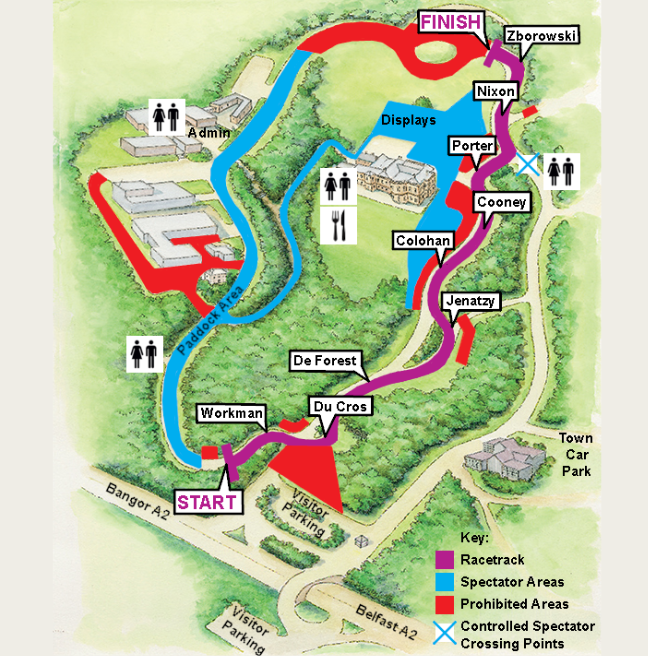 Map illustration of a section of the Ulster Folk Museum grounds with coloured routes showing hill climb route for Cultra Motorsport Festival.