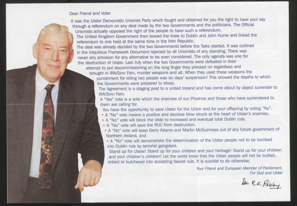 Image of Ian Paisley, along with a statement campaigning for 'No' in relation to the Good Friday Agreement referendum. 
